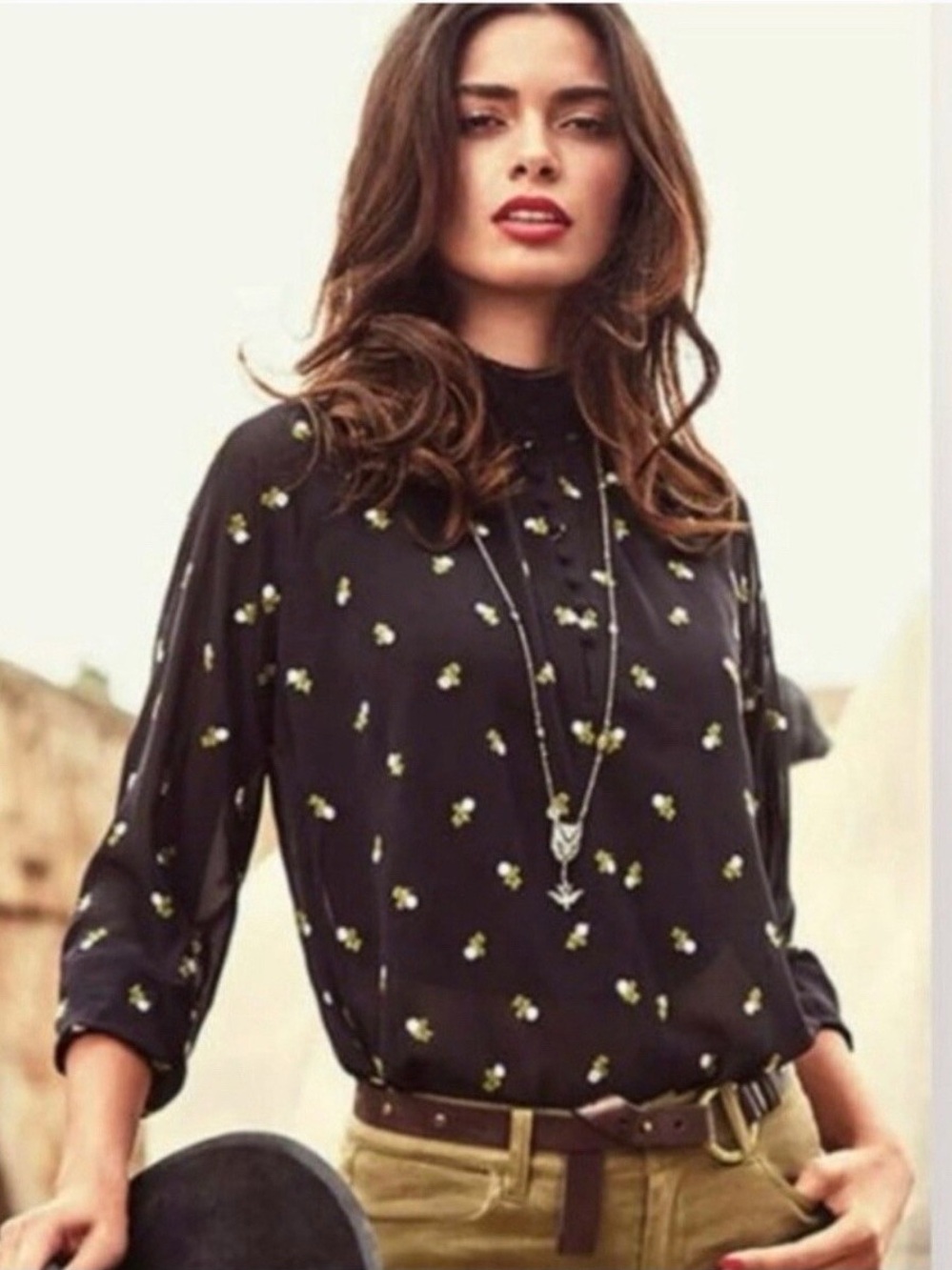 CAbi Allegra Black Sheer Floral Embroidered Blouse Top Sz S Oversized #5338
